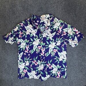 Vintage‎ Evergreen Island Hawaiian Shirt Mens 2XL Blue Floral Cotton Button Up